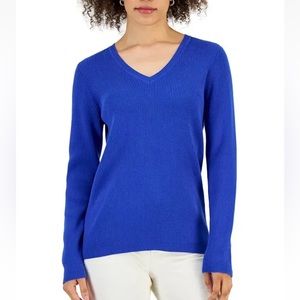 Karen Scott Women's Size Medium Tight knit Sweater Cotton V-Neck Ultra Blue NEW